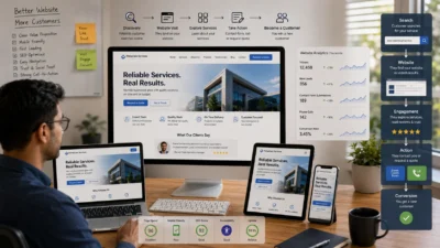 Small business owner improving a small business website across desktop, laptop, tablet, and smartphone screens